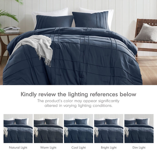 English Elm 3-piece Cal King Pintuck Pleated Microfiber Comforter Set Soft Washed Tailored Bedding Navy B035P463227