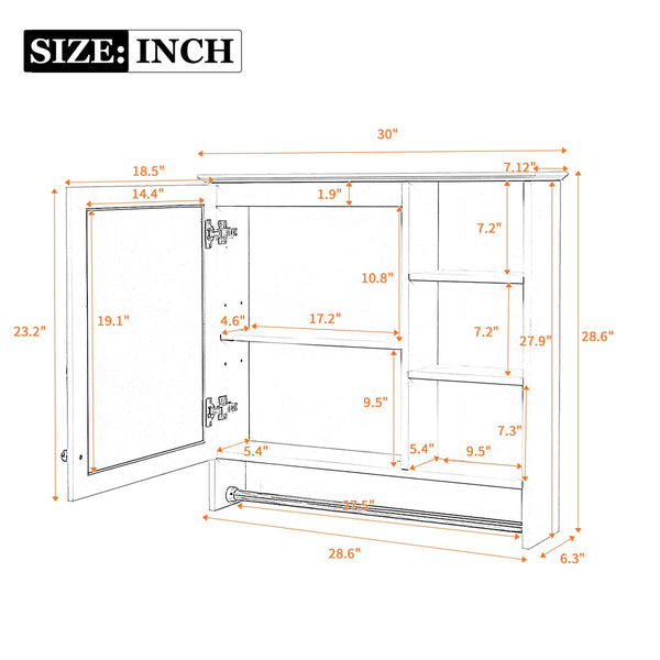 English Elm 30 Inch Wall Mount Mirror Cabinet Mdf Storage with Soft Close Hinges Bathroom Vanity Black N710P186086B