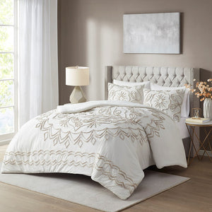 English Elm Full/Queen Violette 3-Piece Tufted Cotton Chenille Duvet Cover Set Ivory Taupe Medallion Elegance B03597351