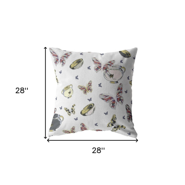 Homeroots 28" White Butterflies Indoor Outdoor Throw Pillow   412177
