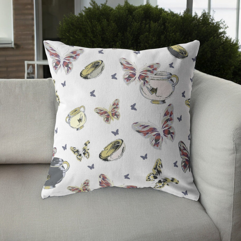 Homeroots 28" White Butterflies Indoor Outdoor Throw Pillow   412177