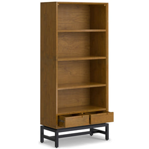 English Elm Banting Mid Century Bookcase – Solid Rubberwood Brown with Metal Base, Adjustable Shelves & Drawers B136P238610
