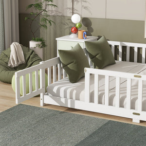 English Elm Queen Floor Bed with Safety Fence and Guardrails, Rubberwood Low Profile Platform for Kids White W504P286387