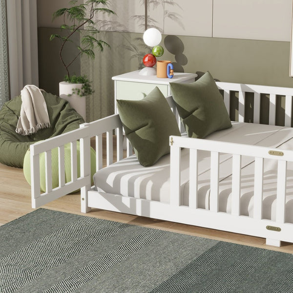 English Elm Queen Rubber Wood Floor Bed with Full Perimeter Safety Fence and Hinged Access Door White W504P429340