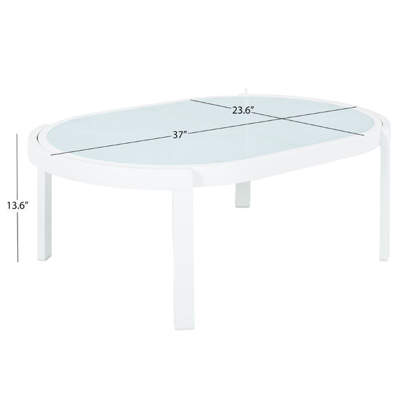 English Elm Modern Oval Outdoor Coffee Table Tempered Glass Top White Aluminum Patio Lounge N767P389536A