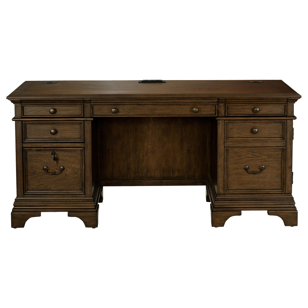 English Elm Stigham Burnish Oak five-drawer credenza desk with warm grain finish, spacious surface, ergonomic storage for organized workspaces B062S00652