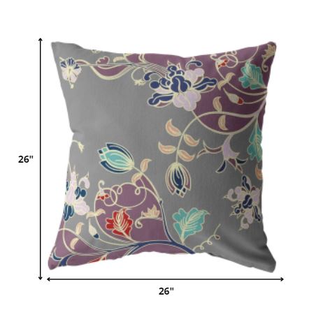 Homeroots 26" Purple Gray Garden Indoor Outdoor Throw Pillow   412216