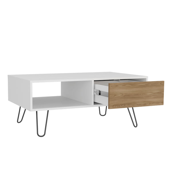English Elm Taylor Modern Coffee Table with Hairpin Legs, White & Light Oak, Drawer + Open Shelf for Storage B092P254742