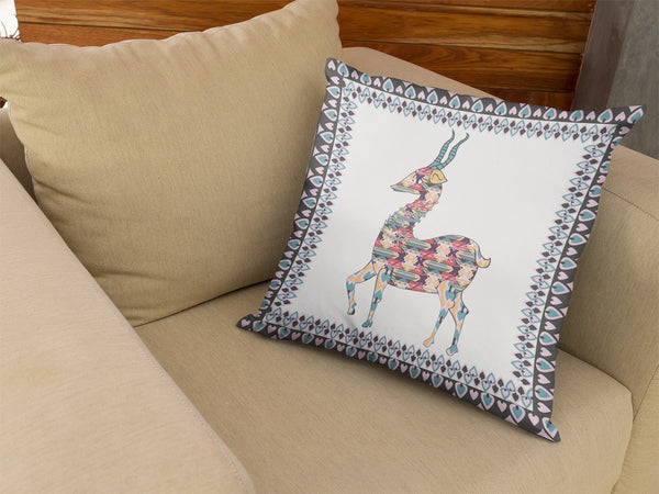 Homeroots 28" Blue White Boho Deer Indoor Outdoor Throw Pillow   412242