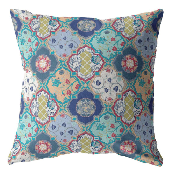 Homeroots 26” Blue Peach Trellis Indoor Outdoor Throw Pillow   412246