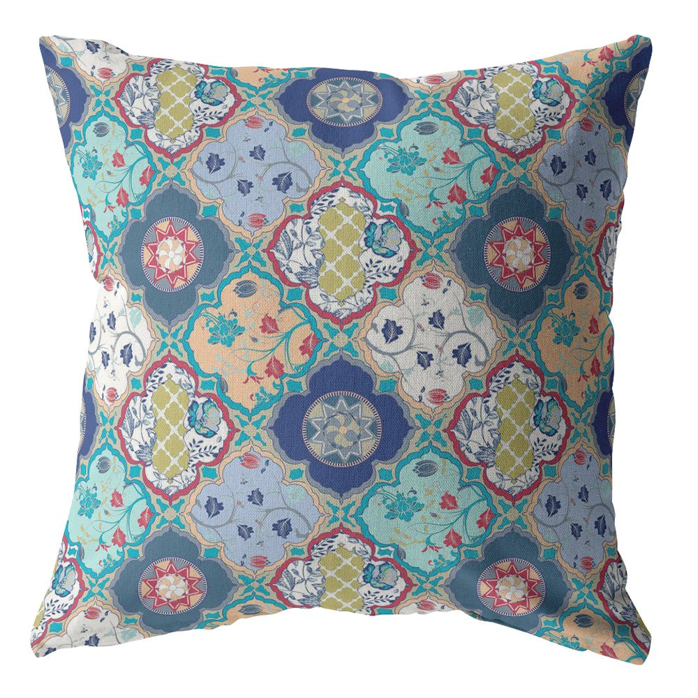 Homeroots 28” Blue Peach Trellis Indoor Outdoor Throw Pillow   412247
