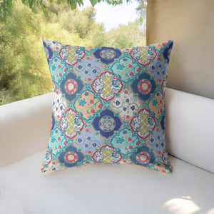 Homeroots 28” Blue Peach Trellis Indoor Outdoor Throw Pillow   412247