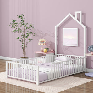 English Elm Twin House Metal Platform Bed with Guardrail & Chimney, White — Kids Playful Frame, Safe Sleep Design N709P203151K