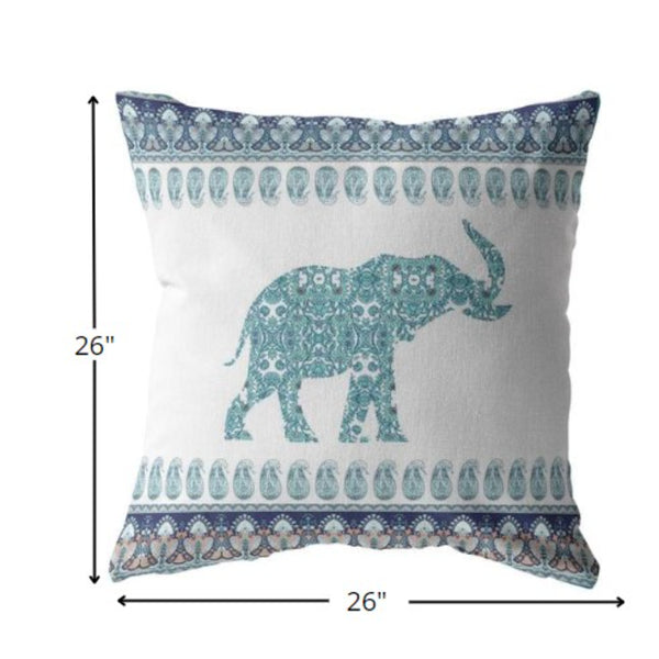 Homeroots 26” Teal Ornate Elephant Indoor Outdoor Throw Pillow   412279