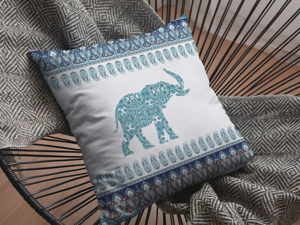 Homeroots 28” Teal Ornate Elephant Indoor Outdoor Throw Pillow   412280