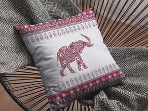 Homeroots 26” Red White Ornate Elephant Indoor Outdoor Throw Pillow   412284