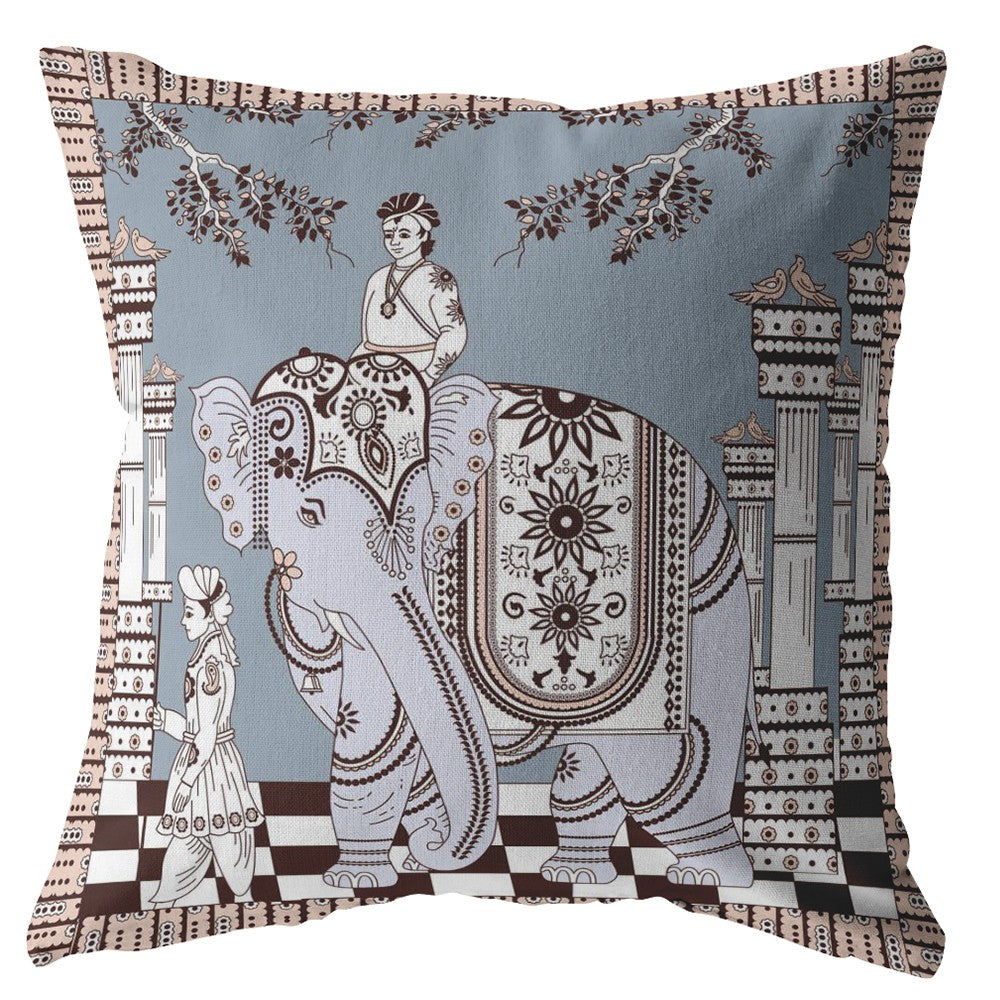 Homeroots 26” Blue Brown Ornate Elephant Indoor Outdoor Throw Pillow   412289
