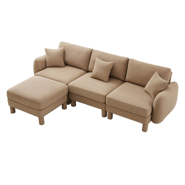 English Elm Boucle Fabric L-Shape Sectional Sofa With Removable Ottoman & Shell-Shaped Armrests In Coffee Color W3041S00285