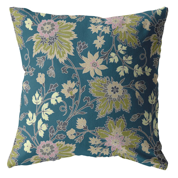 Homeroots 28” Teal Green Jacobean Indoor Outdoor Throw Pillow   412310
