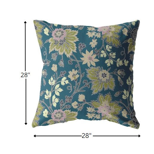 Homeroots 28” Teal Green Jacobean Indoor Outdoor Throw Pillow   412310