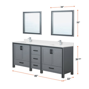 English Elm Dark Grey Double Bath Vanity 84" W x 22" D with White Quartz Top, Chrome Faucets & 34" Mirrors, Durable B2731S01136