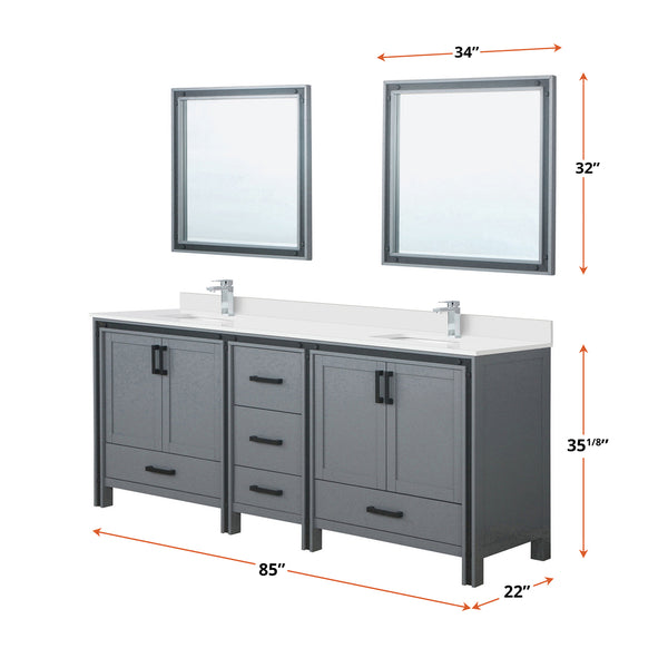 English Elm Dark Grey Double Bath Vanity 84" W x 22" D with White Quartz Top, Chrome Faucets & 34" Mirrors, Durable B2731S01136