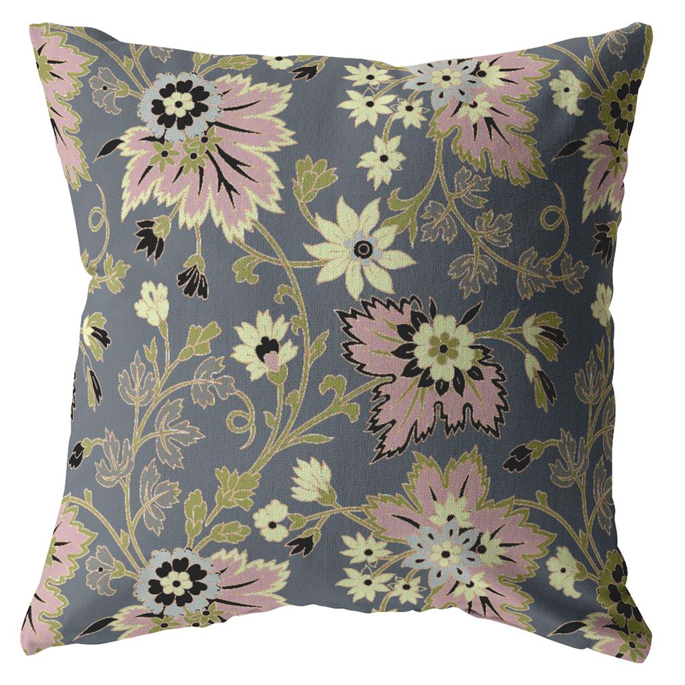 Homeroots 26” Gray Pink Jacobean Indoor Outdoor Throw Pillow   412314