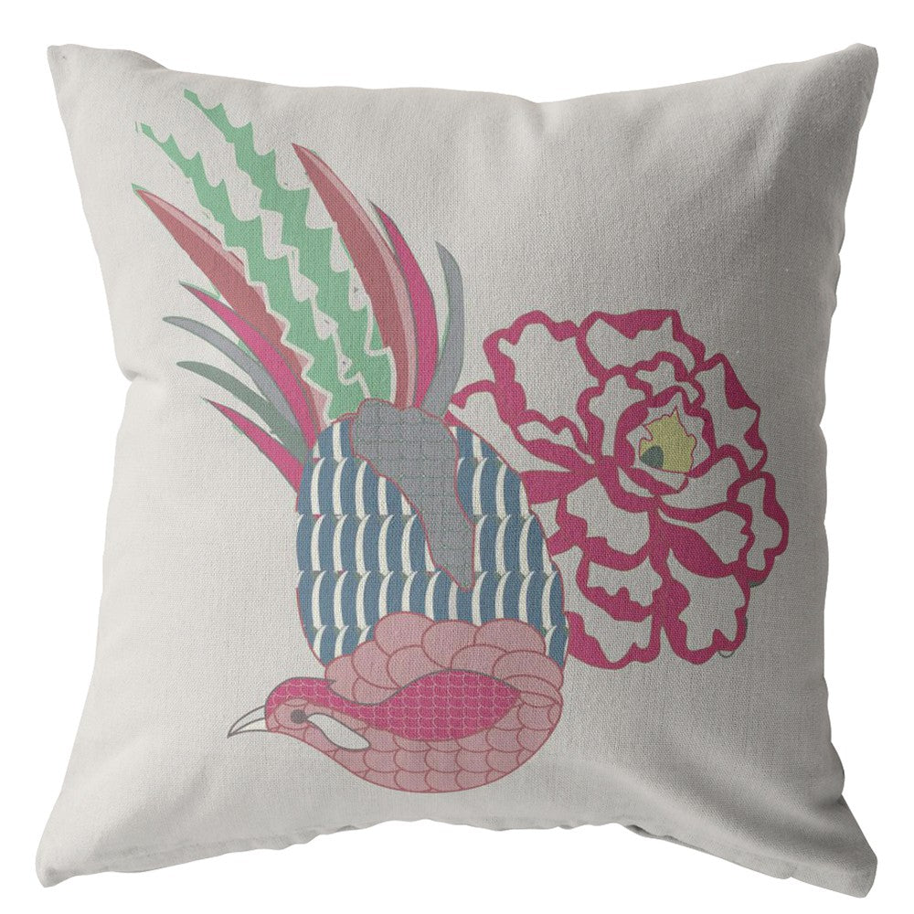 Homeroots 26” Pink White Peacock Indoor Outdoor Throw Pillow   412329