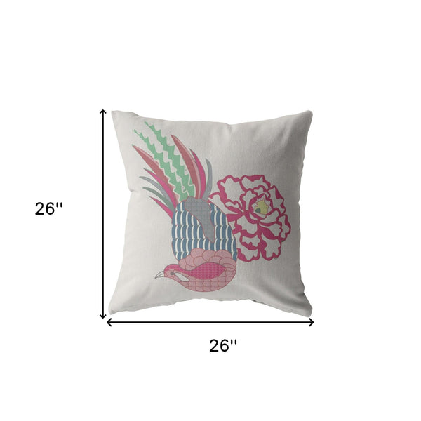 Homeroots 26” Pink White Peacock Indoor Outdoor Throw Pillow   412329