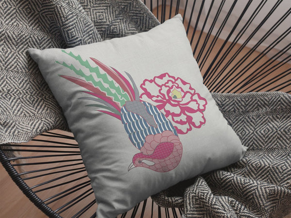 Homeroots 28” Pink White Peacock Indoor Outdoor Throw Pillow   412330
