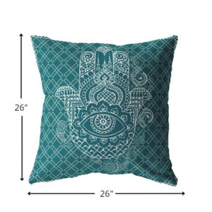 Homeroots 26” Teal White Hamsa Indoor Outdoor Throw Pillow   412359