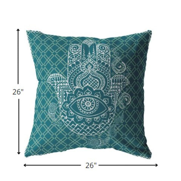 Homeroots 26” Teal White Hamsa Indoor Outdoor Throw Pillow   412359