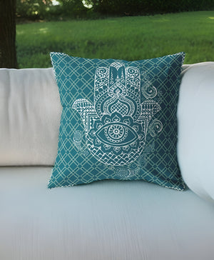 Homeroots 26” Teal White Hamsa Indoor Outdoor Throw Pillow   412359