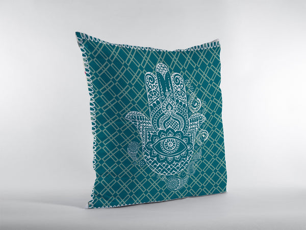 Homeroots 28” Teal White Hamsa Indoor Outdoor Throw Pillow   412360