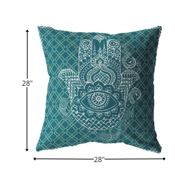 Homeroots 28” Teal White Hamsa Indoor Outdoor Throw Pillow   412360