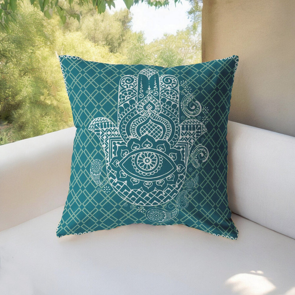 Homeroots 28” Teal White Hamsa Indoor Outdoor Throw Pillow   412360