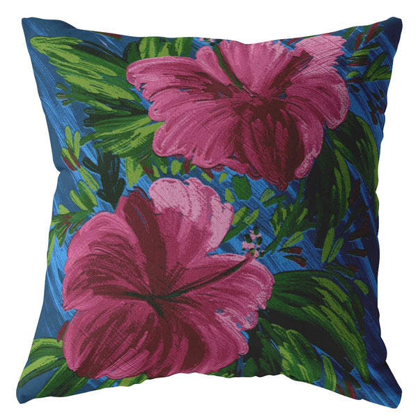 Homeroots 26” Pink Blue Hibiscus Indoor Outdoor Throw Pillow   412379