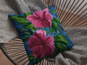 Homeroots 26” Pink Blue Hibiscus Indoor Outdoor Throw Pillow   412379