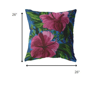 Homeroots 26” Pink Blue Hibiscus Indoor Outdoor Throw Pillow   412379