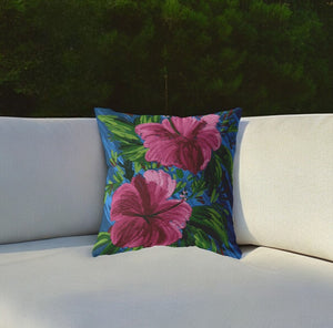 Homeroots 26” Pink Blue Hibiscus Indoor Outdoor Throw Pillow   412379