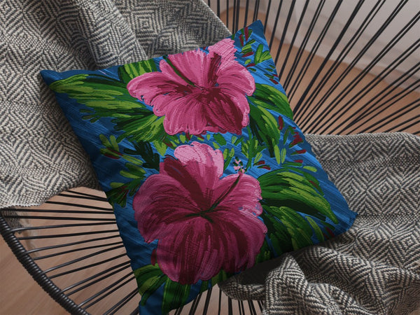 Homeroots 28” Pink Blue Hibiscus Indoor Outdoor Throw Pillow   412380