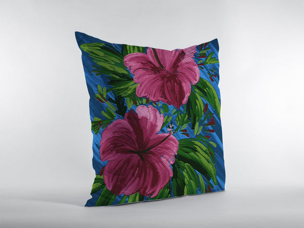 Homeroots 28” Pink Blue Hibiscus Indoor Outdoor Throw Pillow   412380