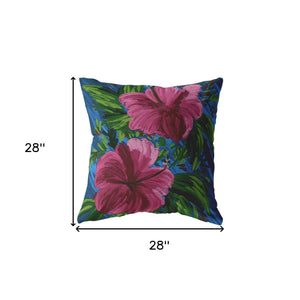 Homeroots 28” Pink Blue Hibiscus Indoor Outdoor Throw Pillow   412380