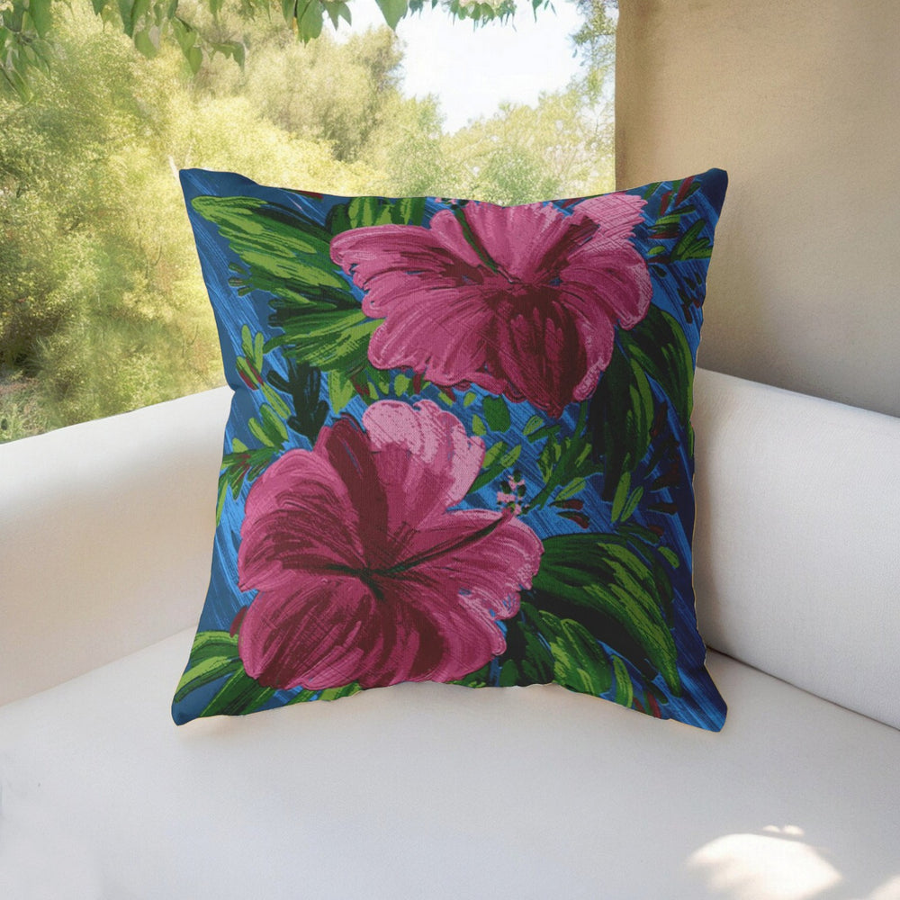 Homeroots 28” Pink Blue Hibiscus Indoor Outdoor Throw Pillow   412380