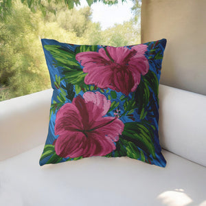 Homeroots 28” Pink Blue Hibiscus Indoor Outdoor Throw Pillow   412380
