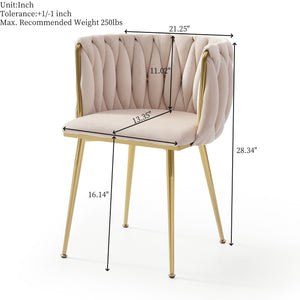 English Elm Modern Velvet Dining Chairs Set of 2 with Woven Backrest and Gold Metal Legs, Elegant Arc Design for Home Beige W1117P209795