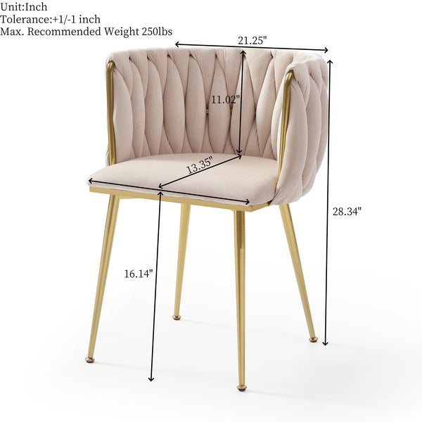English Elm Modern Velvet Dining Chairs Set of 2 with Woven Backrest and Gold Metal Legs, Elegant Arc Design for Home Beige W1117P209795