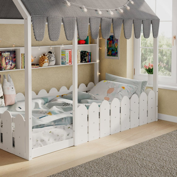 English Elm {slats Are Not Included} Twin Montessori House Floor Bed Kids Tent Lights Shelves Pinewood Frame White N708P407962K