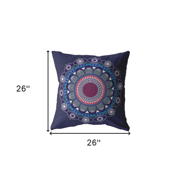 Homeroots 26" X 26" Navy Blue Blown Seam Geometric Indoor Outdoor Throw Pillow   412484
