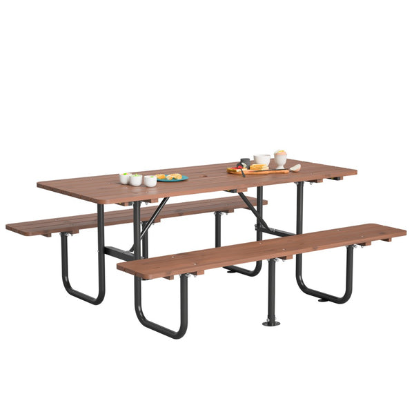 English Elm 72" Solid Wood Outdoor Picnic Table Seats 6 with Attached Benches and Umbrella Hole W1422S00061